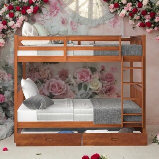 Full over Full Bunk Bed With Ladders and Two Storage Drawers for Bedroom