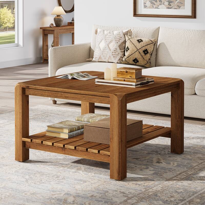 2 Tier Solid Wood Coffee Table for Living Room, Square Center Table with Storage Shelvrs - 31.50" W x 31.50" D x 20.08" H