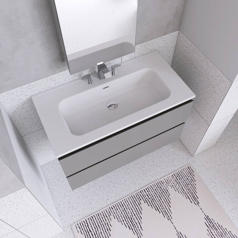 Floating Integrated Bathroom Vanity with Ceramic Sink, Three Faucet Holes