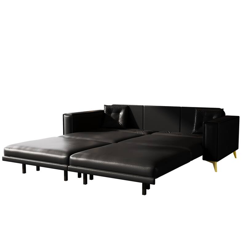 Oversized 3-in-1 Convertible Sofa Bed, 92.1" Faux Leather Square Arms Loveseat, Modern Pull-Out Sleeper Couch with Pillows