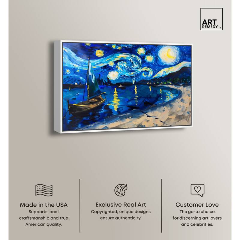 Art Remedy Whimsical Night Sail Framed Impressionism 1 Piece Canvas Wall Art /Monet And Van Gogh Inspired Art