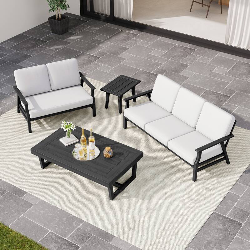 Arthur 4-Piece Teak Wood Patio Conversation Set - Beige - BlackFrame