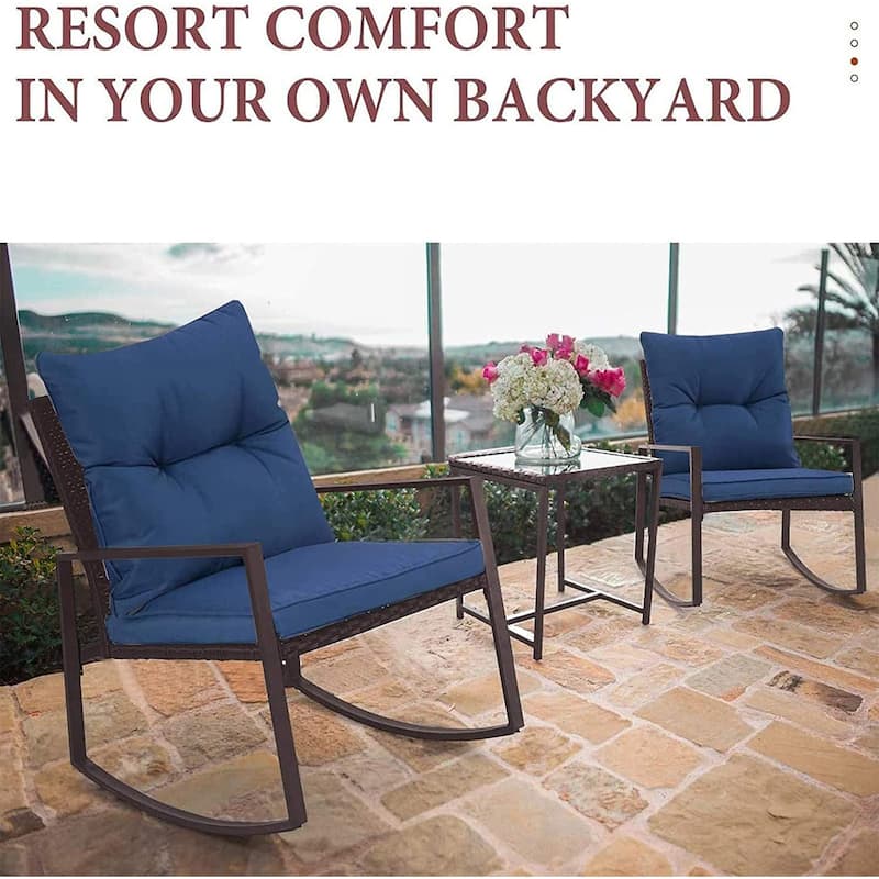 SUNCROWN 3-piece Outdoor Patio Brown/Black Wicker Rocking Chairs Conversation Bistro Set