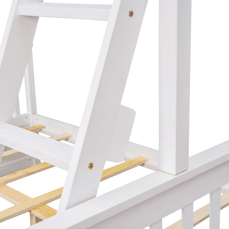 Twin Over Full Solid Pinewood Bunk Bed with Ladders and 2 Drawers, Divided Into Twin Size Upper Bed and Full Size Bottom Bed