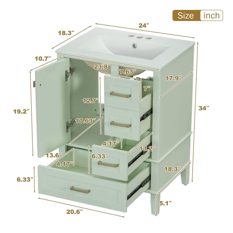 Freestanding Bathroom Vanity Cabinet with Ceramic Sink & 3 Drawers