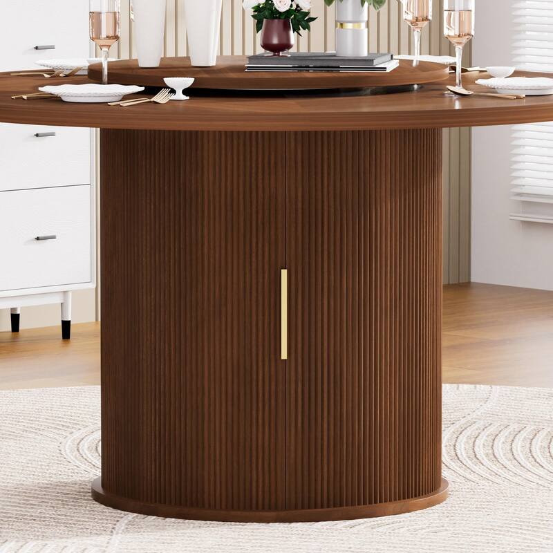 55" Round Dining Table with Rotating Tray and Double-Tiered Storage Rack for Six