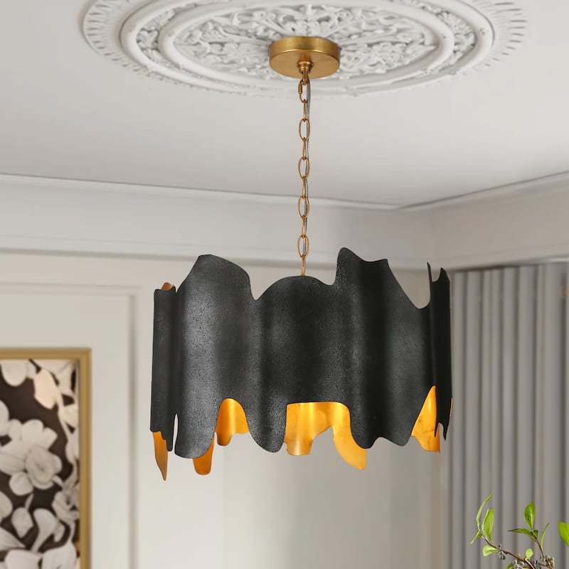 Modern 4-Light Drum Black Gold Chandelier for Dining Room Bedroom - 18.9" Dia. x 12.6" H