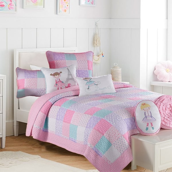 slide 2 of 7, Cozy Line Angelina Floral Pink Patchwork Reversible Cotton Quilt Bedding Set