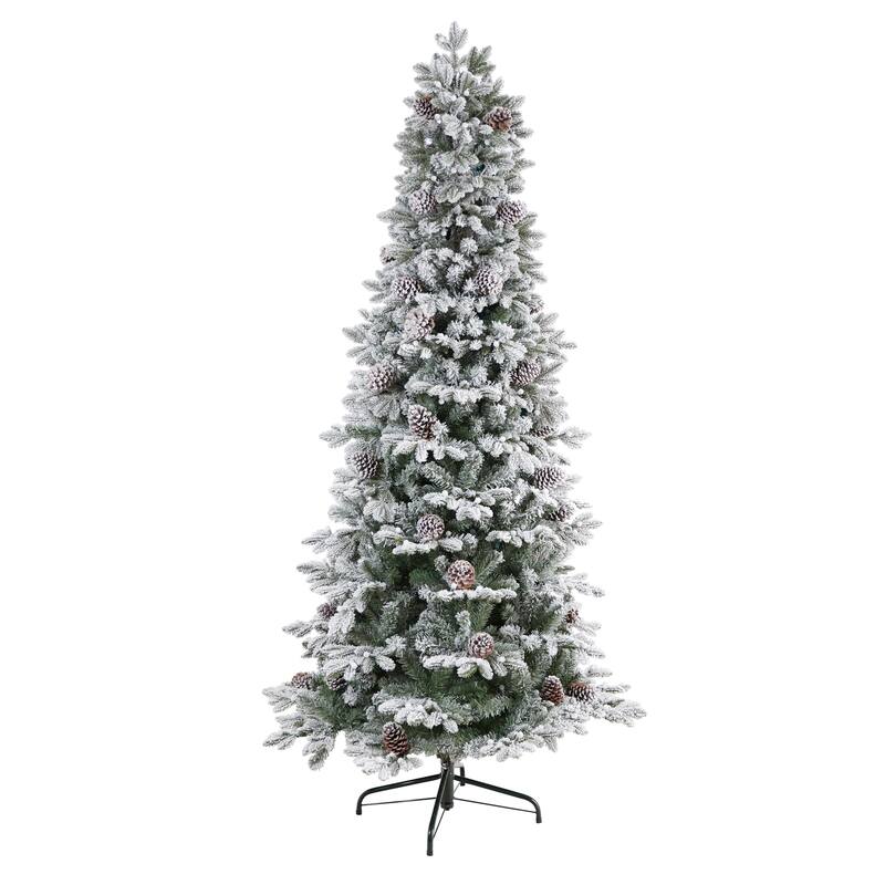 7.5ft Flocked Christmas Tree with Lights - Slim Pencil Artificial Tree, Pre-Lit Holiday Decor - White - 84