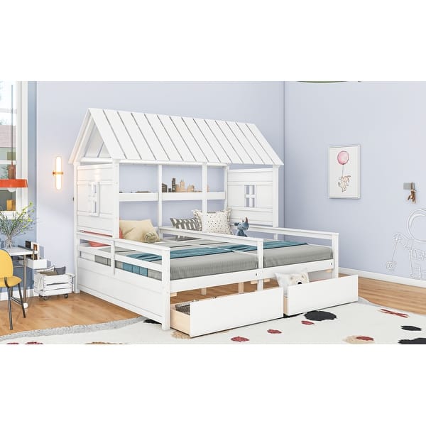 slide 2 of 9, House-shaped Roof Frame Platform Beds with 2 Drawers for Boy Girl Shared Beds, Combination of 2 Side By Side Twin Beds, White White - Twin