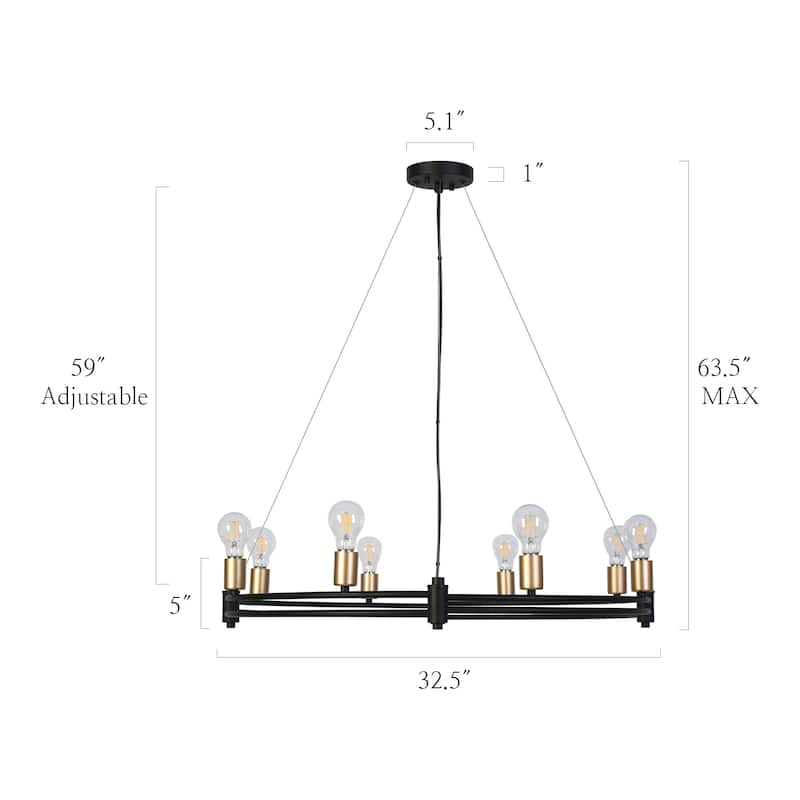 Marsie Modern Farmhouse Black Gold Wheel Bare Bulb Drum Chandelier for Dining Room - 32.5"D x 5"H
