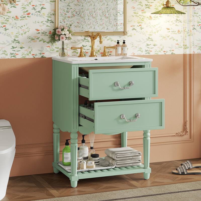 24" Bathroom Vanity with Ceramic Sink, Vintage Wave Design Cabinet with 2 Drawers and Open Shelf
