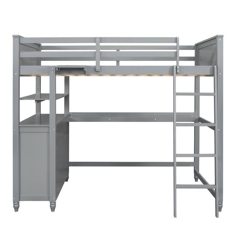Full Size Loft Bed with Drawers and Writing Desk, Wooden Storage Bed with Shelves, Safety Guardrails and Ladder