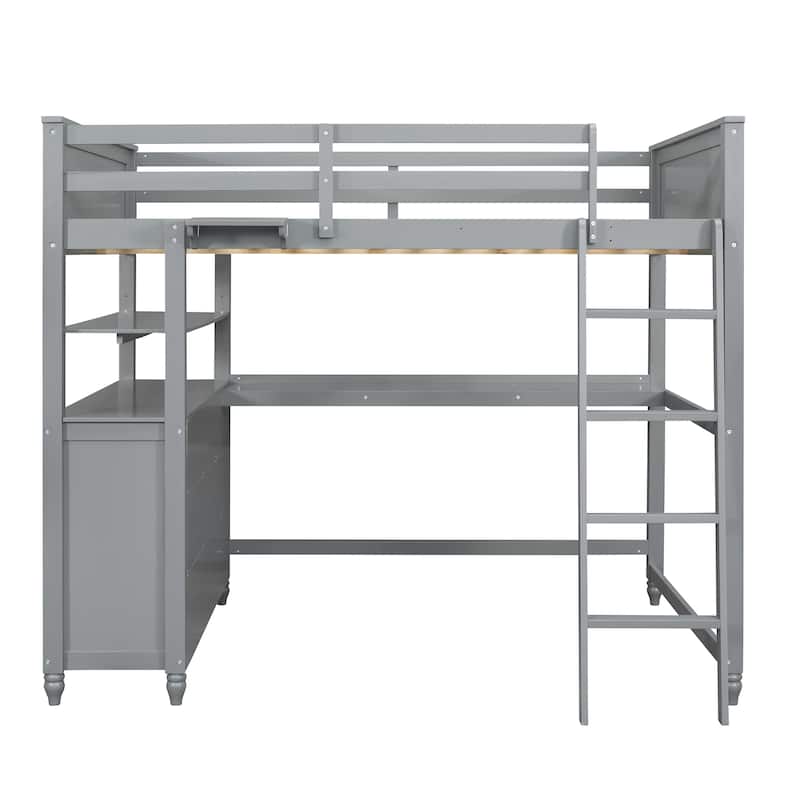 Space-Saving Full Loft Bed with Desk, Drawers, and Shelves in Gray
