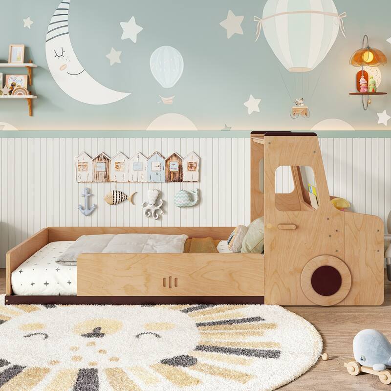 Full/Twin Kids Car Floor Bed with Storage Drawers, Window & Desk - Childlike Design