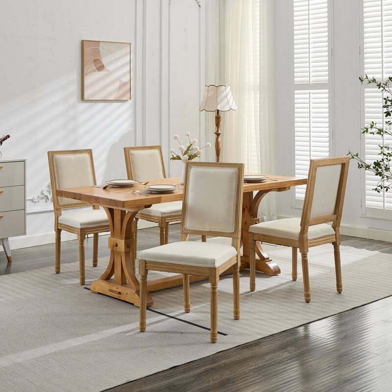 Dining Chairs Set of 2, Square Backrest Solid Wood Frame Dining Chair - Beige