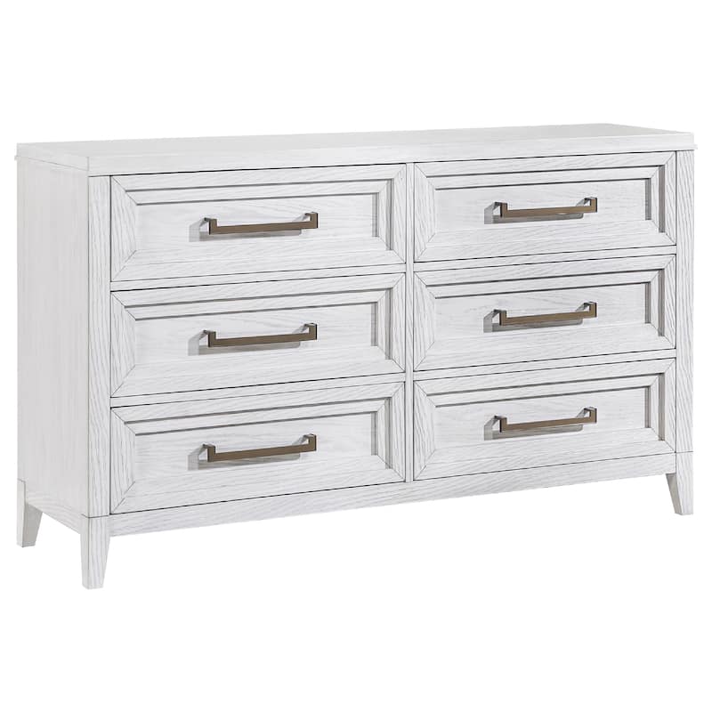 Leva 5pc Queen Bed Set with Dresser Chest and Mirror, Distressed White