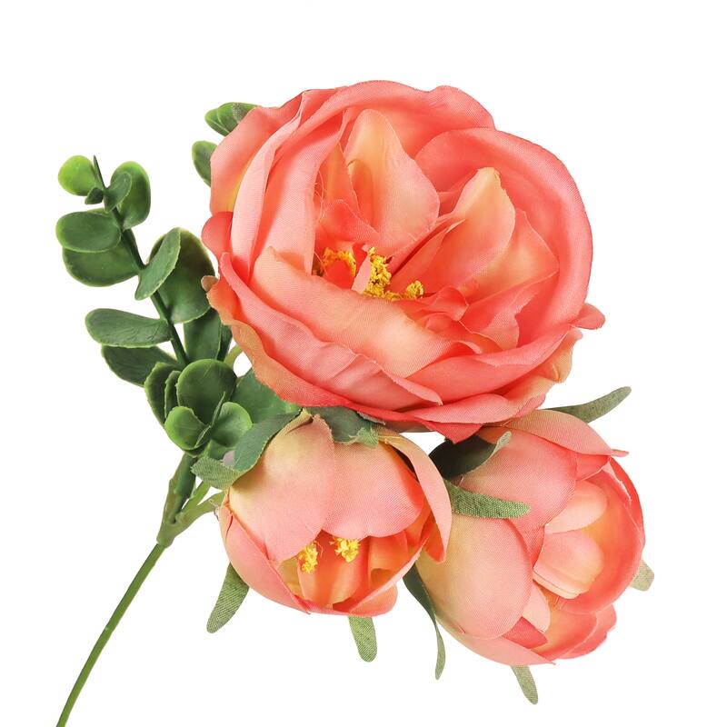 Set of 4 Coral Artificial Cabbage Rose Flower Stem Bush Bouquet 13in - 13" L x 8" W x 8" DP