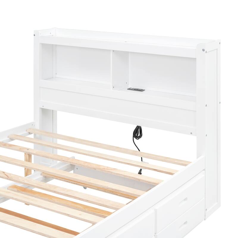 Full Size Platform Bed with Trundle, Storage Drawers and USB Plugs, Wood Trundle Bed Frame with Storage Headboard for Bedroom
