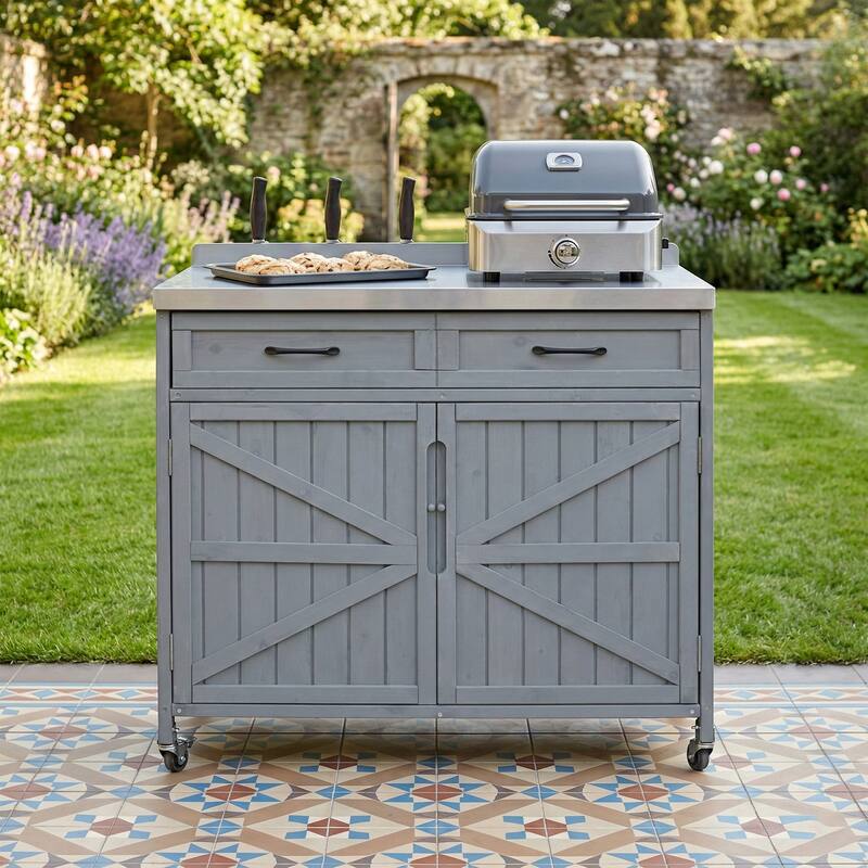 39.4" Outdoor Kitchen Island with Stainless Table Top, One Large Drawer, Adjustable Shelves, Internal Storage Racks & 4 Wheels