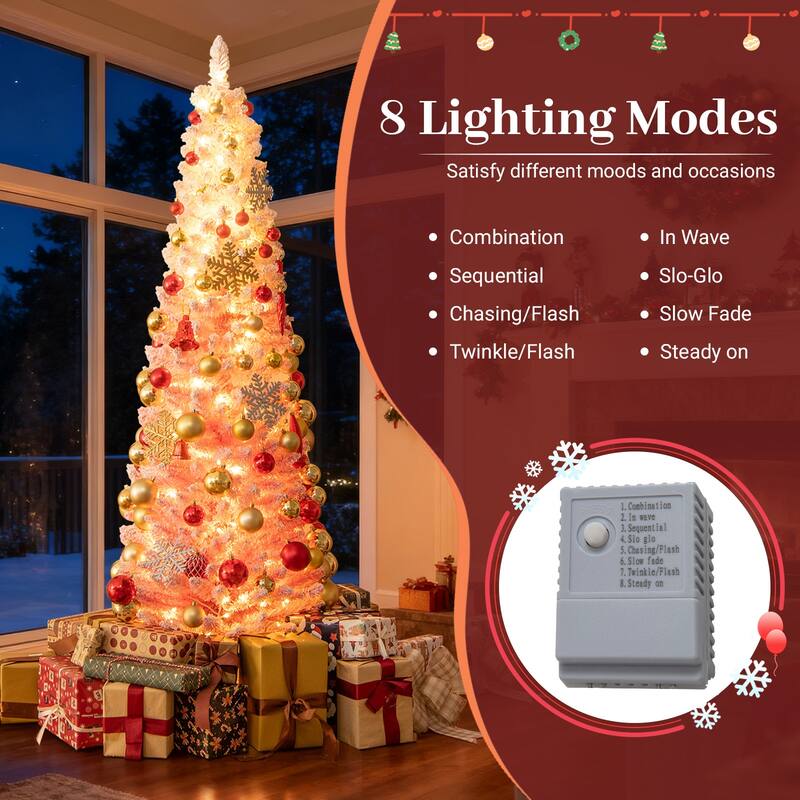 Gymax Pre-Lit Christmas Tree Slim Pencil Xmas Tree w/ Snow Flocked PVC