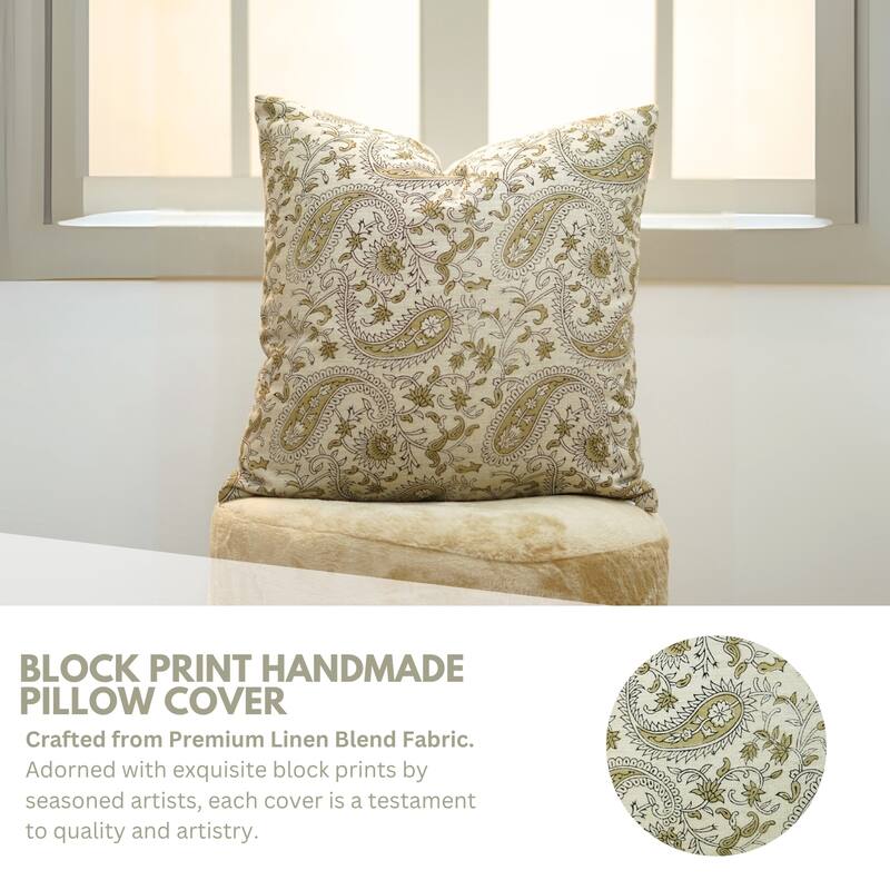 Fabdivine Linen Green Sustainable Home Throw Decorative Pillow Cover for Fall Paisley Bedroom or Dining 18x18 Inch, Kiara