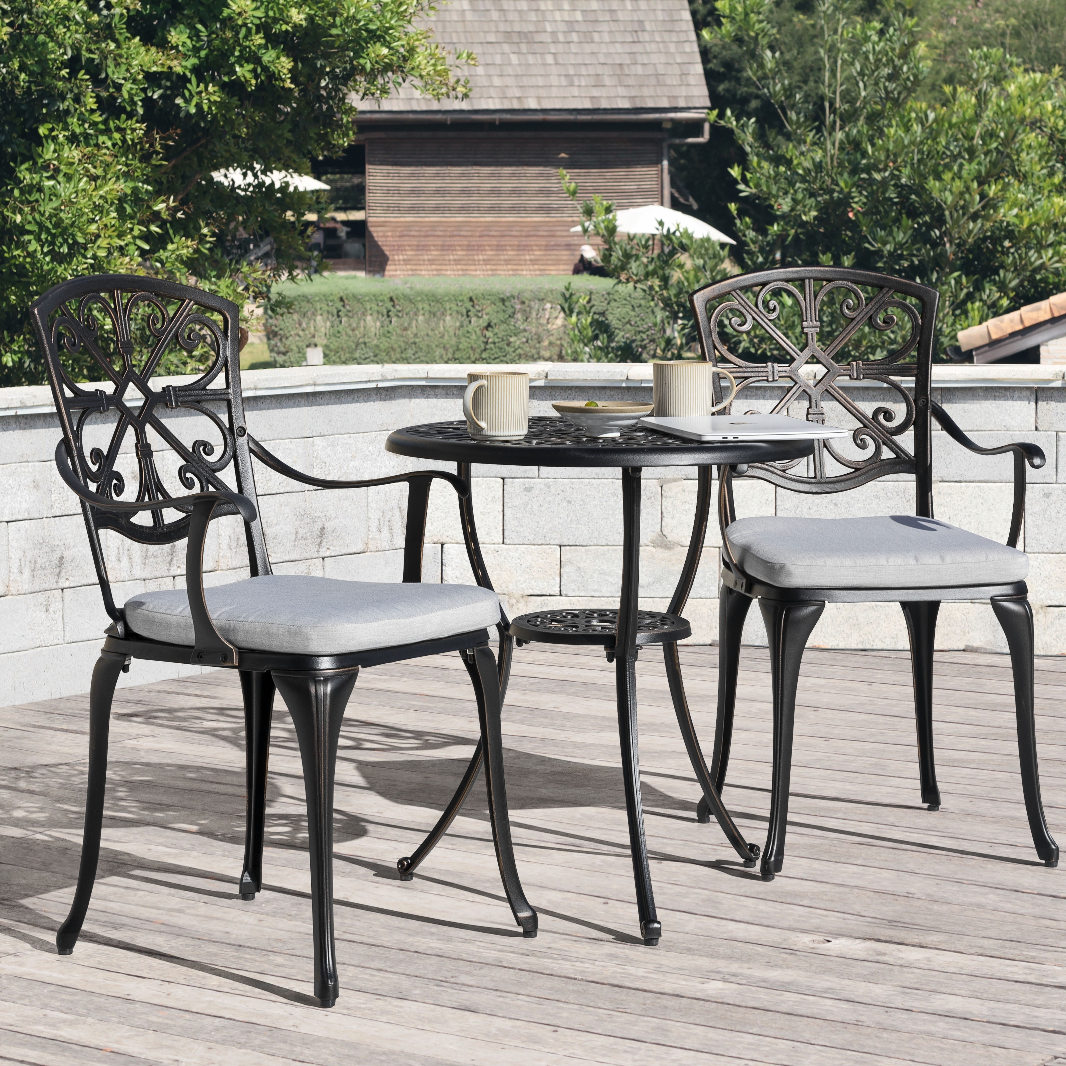 Nuu Garden Outdoor 3-Piece Cast Aluminum Patio Set with Cushions and Umbrella Hole