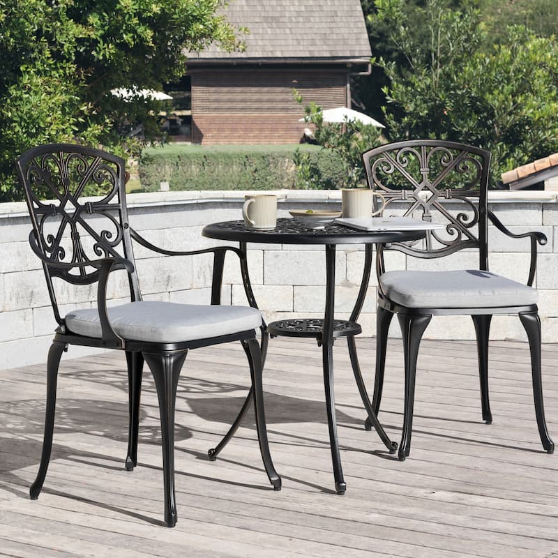 Outdoor 3-Piece Cast Aluminum Patio Set with Cushions and Umbrella Hole - Black