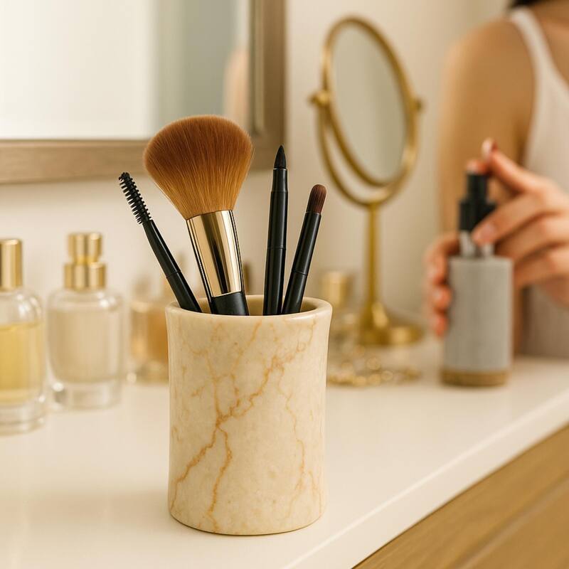 Creative Home Fenway Collection Champagne Marble Tumbler, Toothbrush Holder, Makeup Brush Organizer - Beige