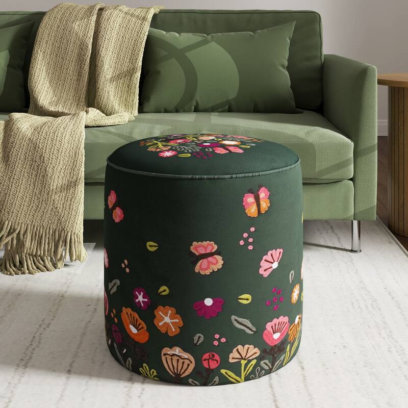 Nico Embroidered Velvet Round Ottoman, 17"D x 17"W x 18"H by Sevita - Dark Green