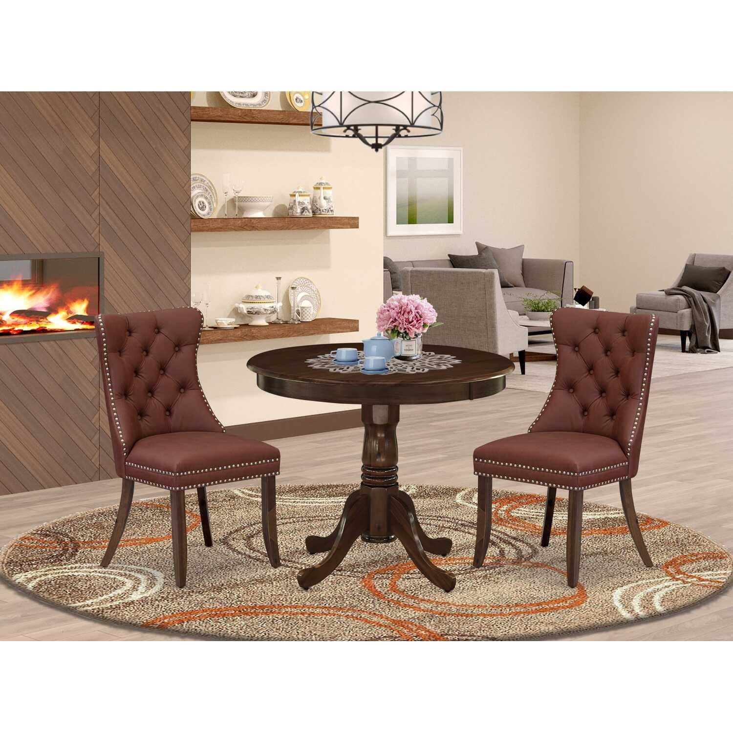 3-Piece Antique Walnut Finish Solid Wood Top - Round Upholstered Dining Room Set - Seats 4