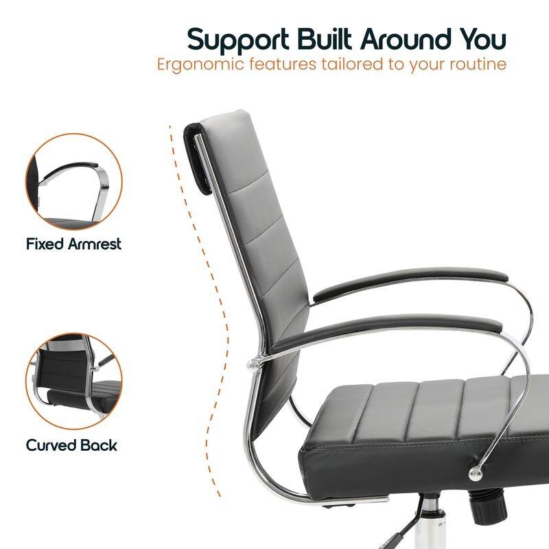 Benmar Modern Leather Ribbed Executive Office Chair with Chrome Frame, Adjustable Height, 360° Swivel, and Rolling Casters