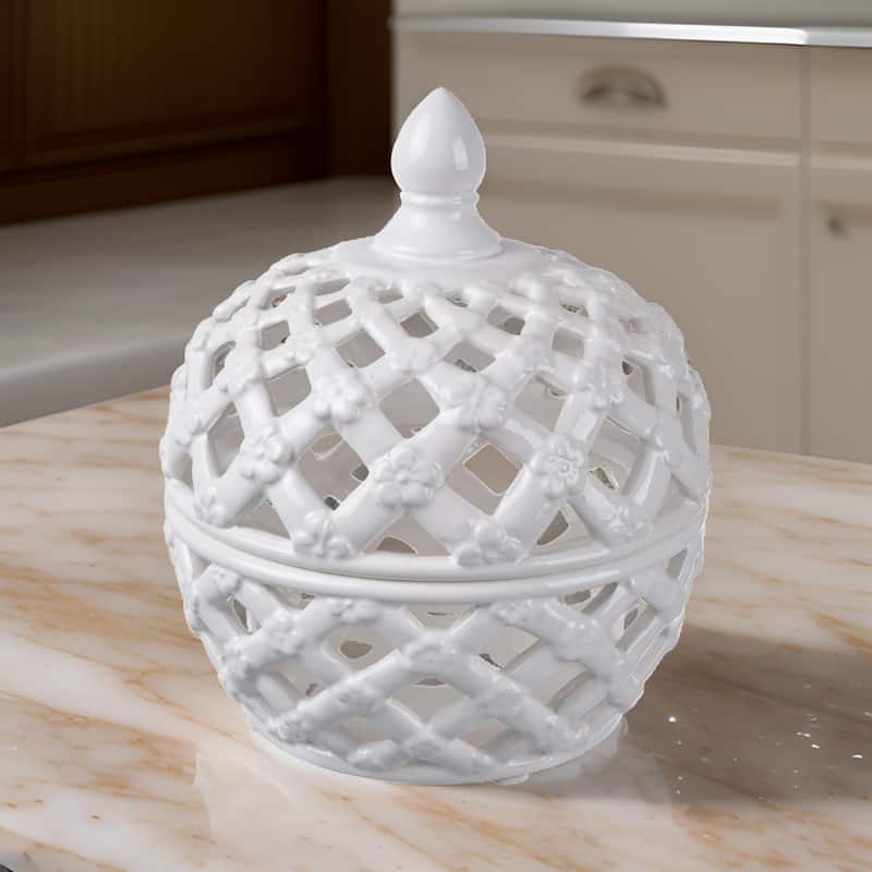 Decorative Ceramic Lidded Jar with Flower Motif Exterior, Small, White
