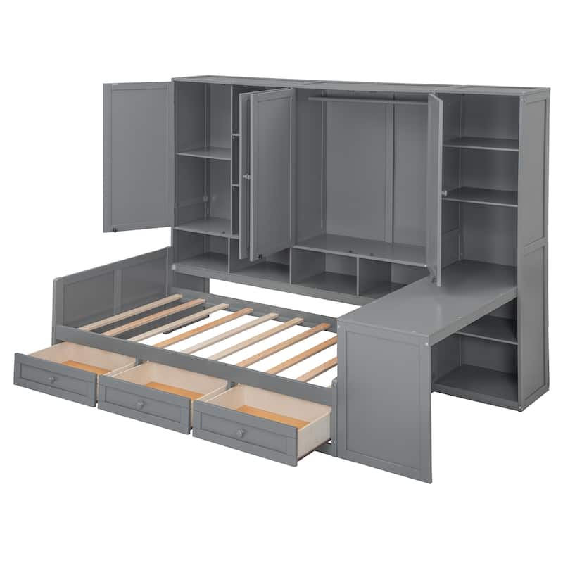 Daybed with Storage Drawers, Built-In Desk, Cabinets, and Shelves, Space-Saving Design