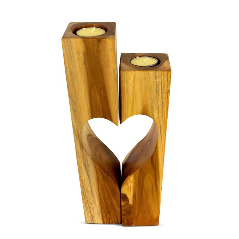 Set of 2 Wooden Hand Carved Candle Holder Heart Shaped Decorative Home