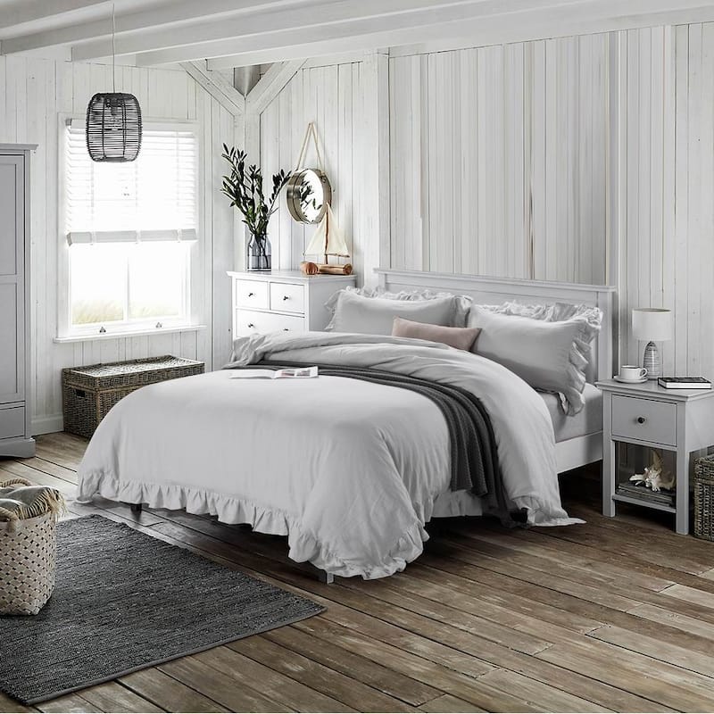 WHOLINENS Stone Washed French Linen Duvet Cover Set Ruffle Style