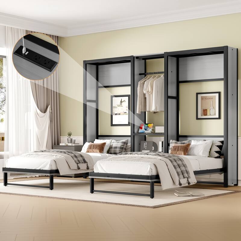 Twin/Twin Size MDF Murphy Bed with Wardrobe and Shelves,Power Outlets