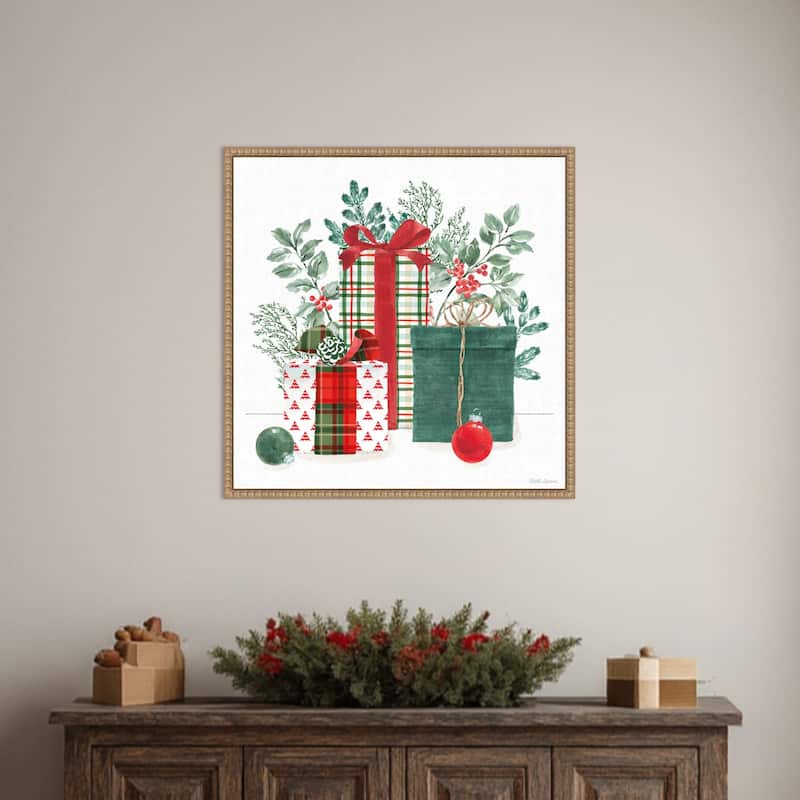 Classic Christmas II by Beth Grove (22 x 22 in.), Framed Canvas Wall Art Print - Sylvie Beaded Rustic Natural