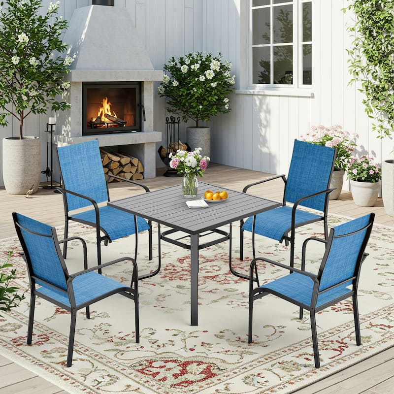 5/7/9-Piece Outdoor Patio Dining Set with Stackable Textilene Chairs and Slatted Table, Furniture with Adjustable Umbrella Hole