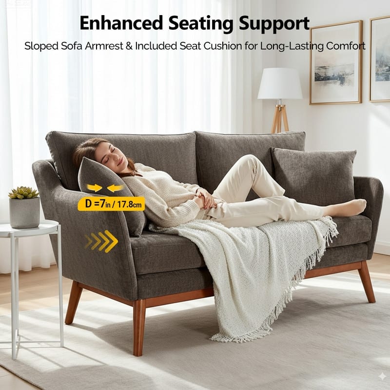 Linen Blend Mid-Century Modern Small Spaces Loveseat Two-Seater Sofa With Solid Wood Base