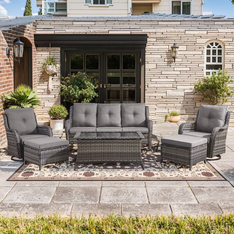 Pocassy Outdoor 4 Inch Sofa Swivel Chairs Table Ottoman - Grey Wicker Grey Cushion - 6 Pieces 3-Seat Sofa Swivel Chair Table Ottoman
