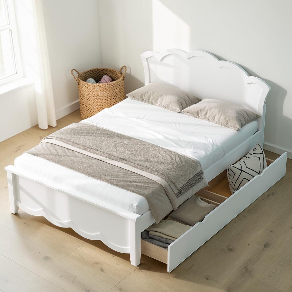 Wood Platform Bed with Headboard and 2 Storage Drawers, Solid Pine Bed Frame with Slats, No Box Spring Needed