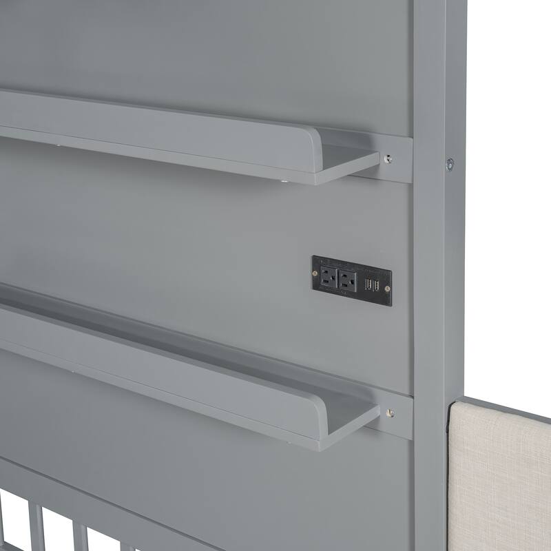 Twin Size House Bed with Upholstered Sofa, House Bed with Charging Station