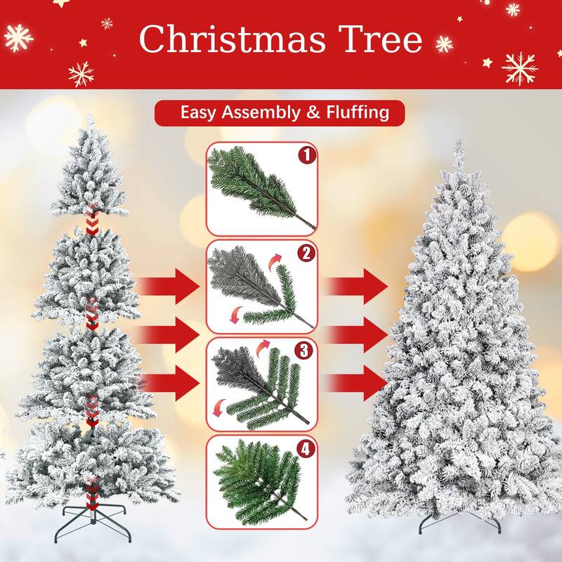 6FT Flocked Christmas Tree with Pine Cones -Snowy PVC Artificial Holiday Tree,888 Tips,36 Natural Pinecones,Sturdy Metal Stand