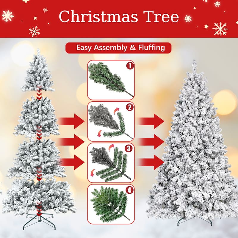 Flocked Artificial Christmas Tree - Snowy PVC Branches, Pine Cones, Metal Stand, Full Shape - Green,White