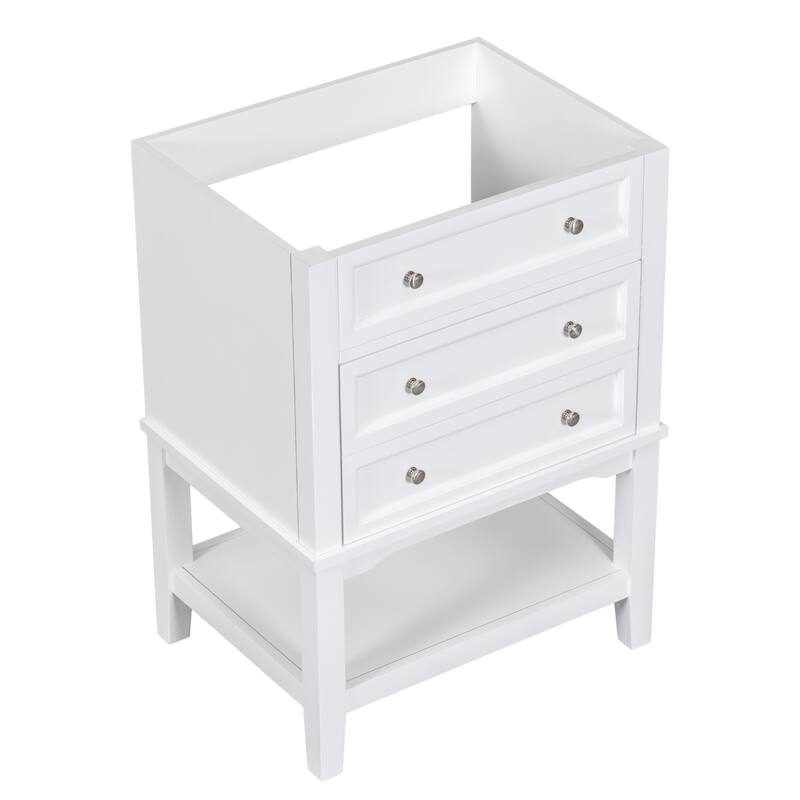 24" White Bathroom Vanity Base - Solid Wood & MDF Cabinet, Open Shelf & Drawer, Freestanding Design