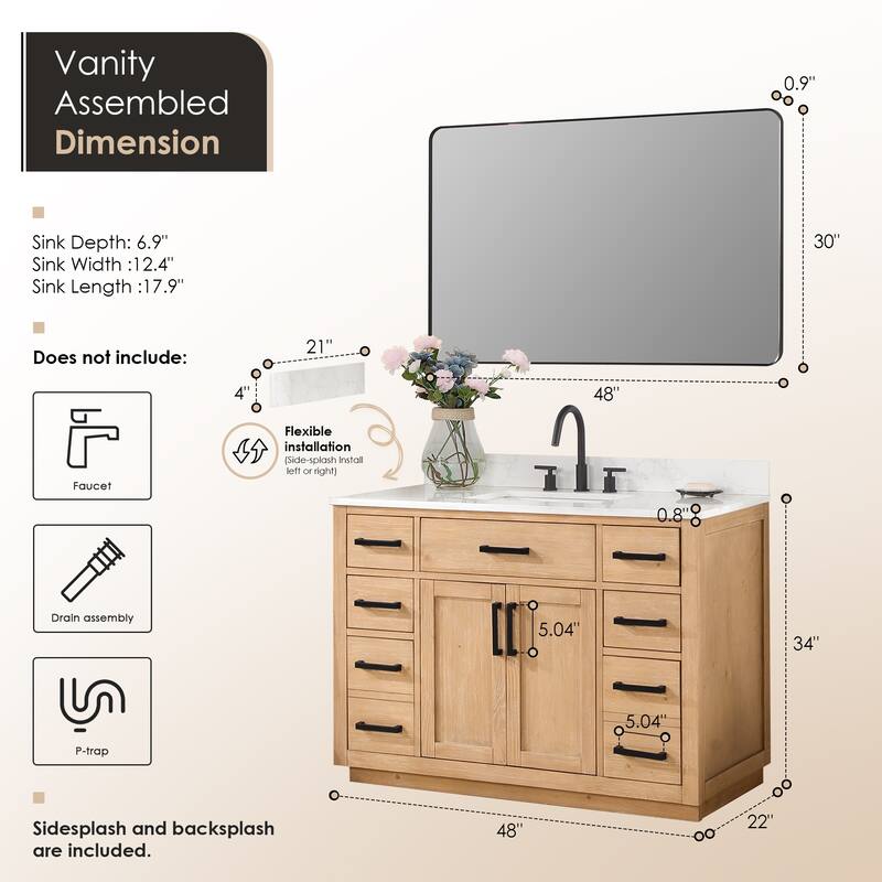 Altair Gavino Bath Vanity with Grain White Composite Stone Top and Mirror