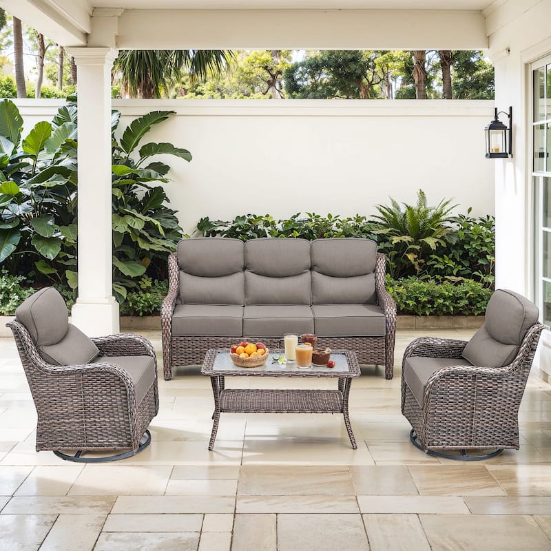 Gymojoy 4-Piece Patio Furniture Set with Swivel Glider Chairs, 6-Inch Ultra-Plush Cushions & Water-Resistant Olefin Fabric - Brown Wicker / Grey Cusion - 4-Piece
