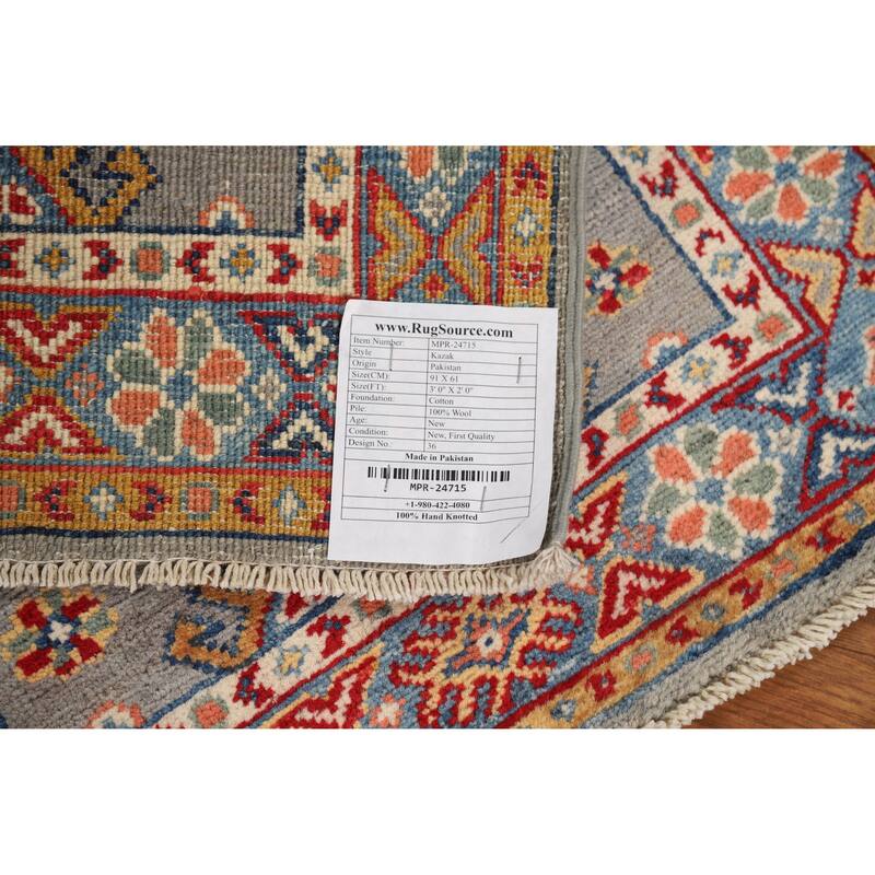 Traditional Kazak Oriental Foyer Rug Hand-Knotted Grey Wool Carpet - 2'0"x 3'0"