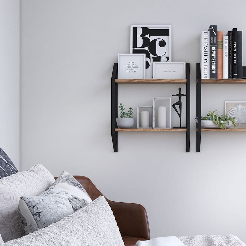 Wallniture Ponza 17"x4.5", Floating Wood Shelf, 2-Tier, Natural Burned